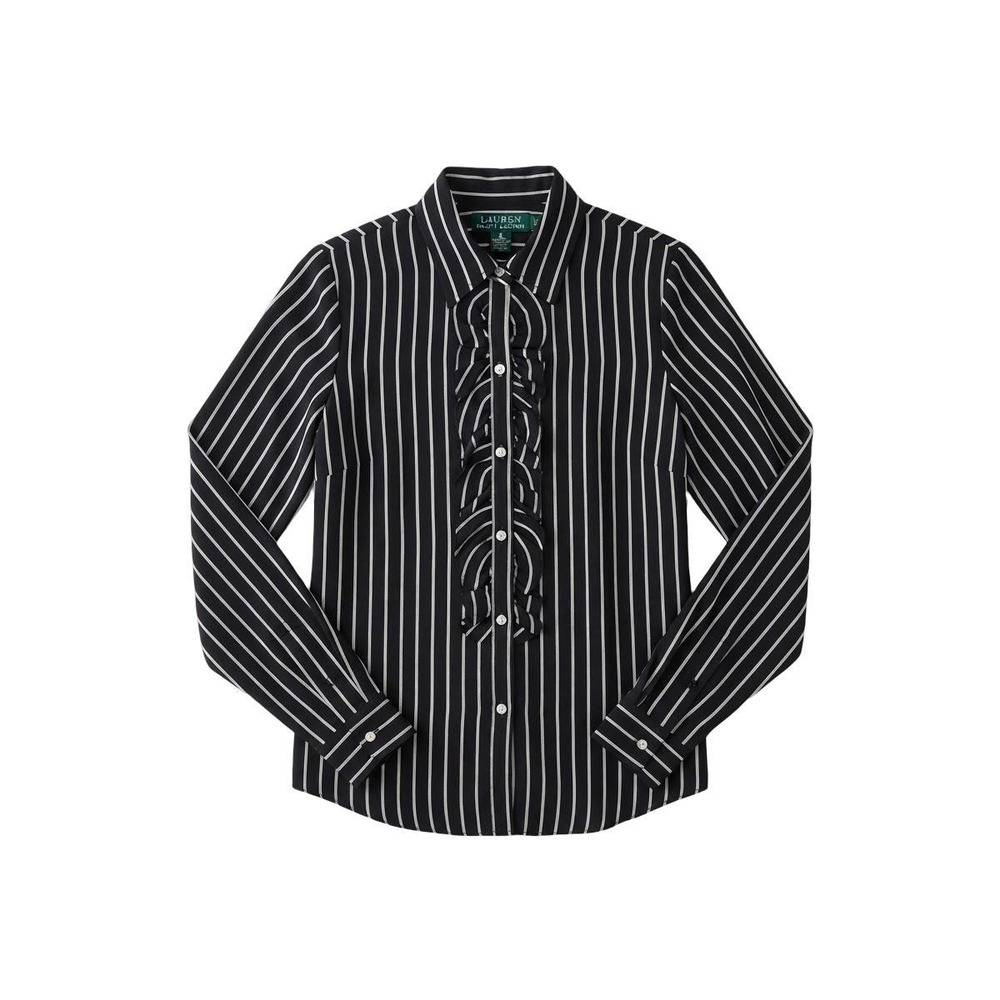 Lauren Ralph Lauren 100% Silk Striped Ruffle Front Blouse PM Petite Medium